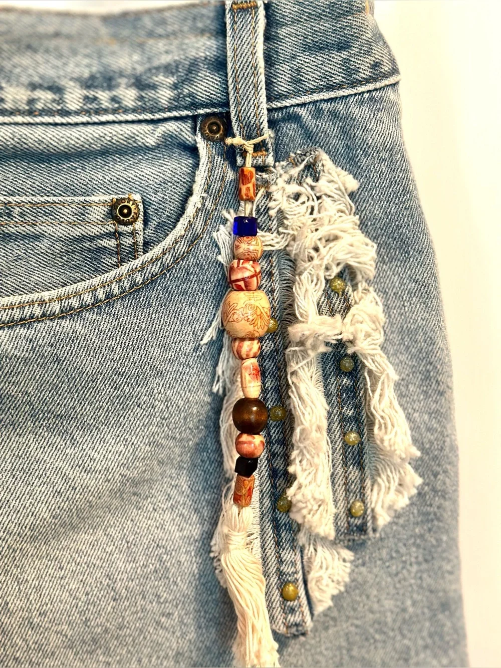 Unique BOHO Handmade Crossbody Upcycled Denim Fringed W/Beads Bag